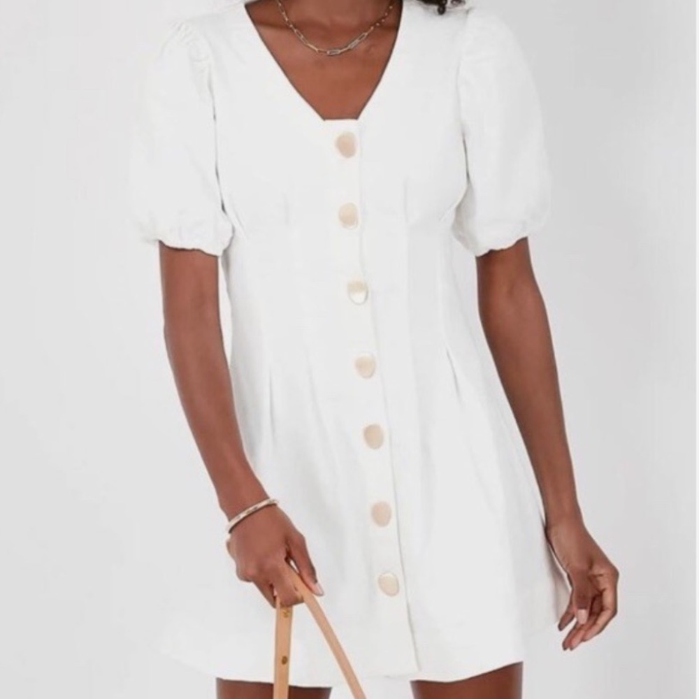 White Puff Sleeve Mini Dress with Front Buttons
